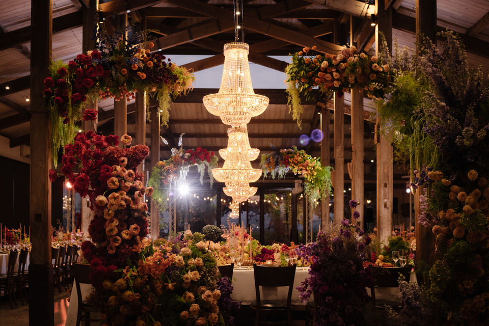 Custom large scale floral installations and chandeliers at Stones