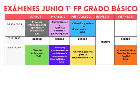 Fechas y horarios de los exámenes de la 2ª Convocatoria Ordinaria de Ciclos (Grado Básico y Medio)