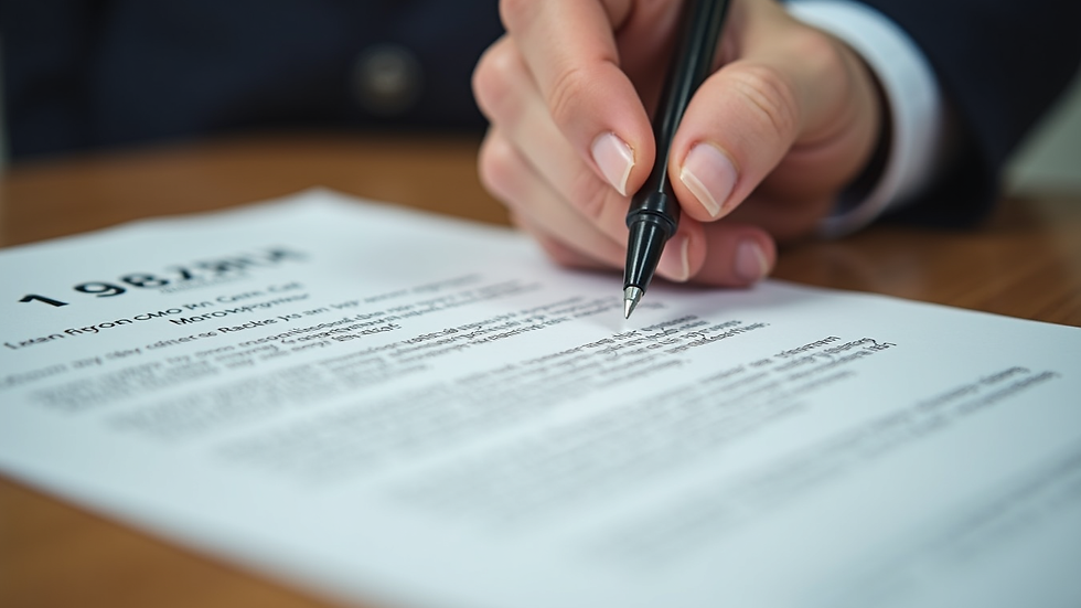 Close-up of a legal contract being reviewed with a pen on a wooden desk