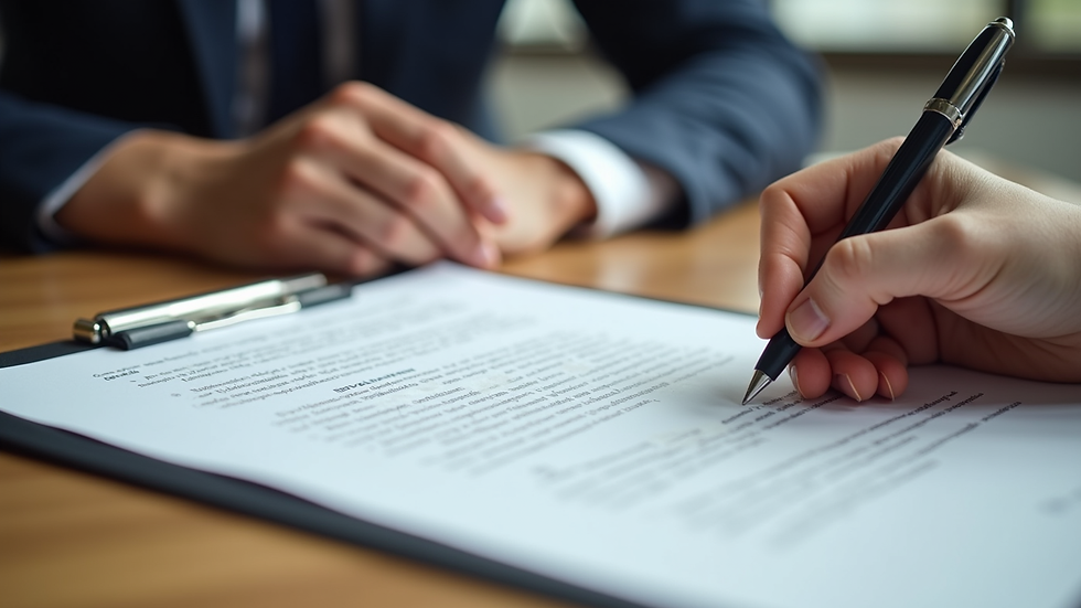 Close-up of a contract being signed on a wooden table