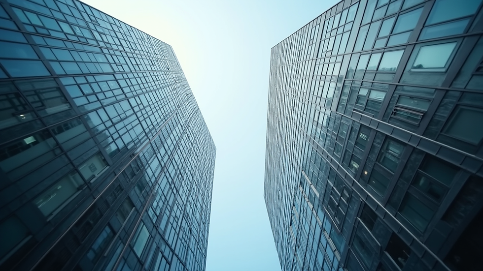 Eye-level view of a modern corporate office building