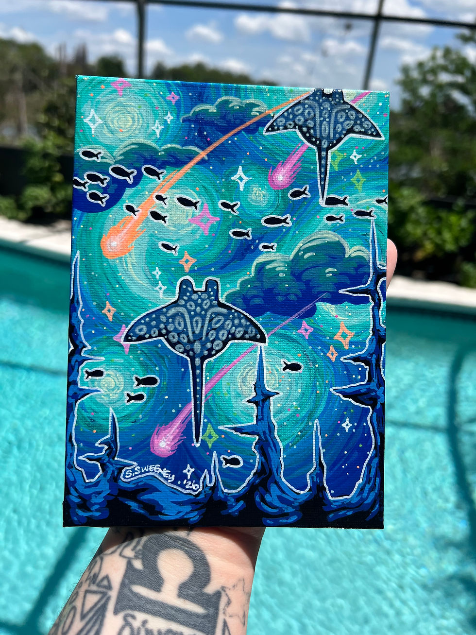 Thumbnail: Starry Spotted Rays - Acrylic Paint on Canvas Panel