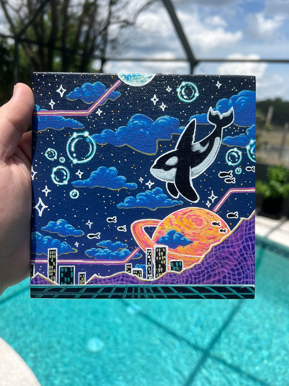 Thumbnail: Vaporwave Orca Galax-Sea Acrylic Paint Markers on Canvas Panel