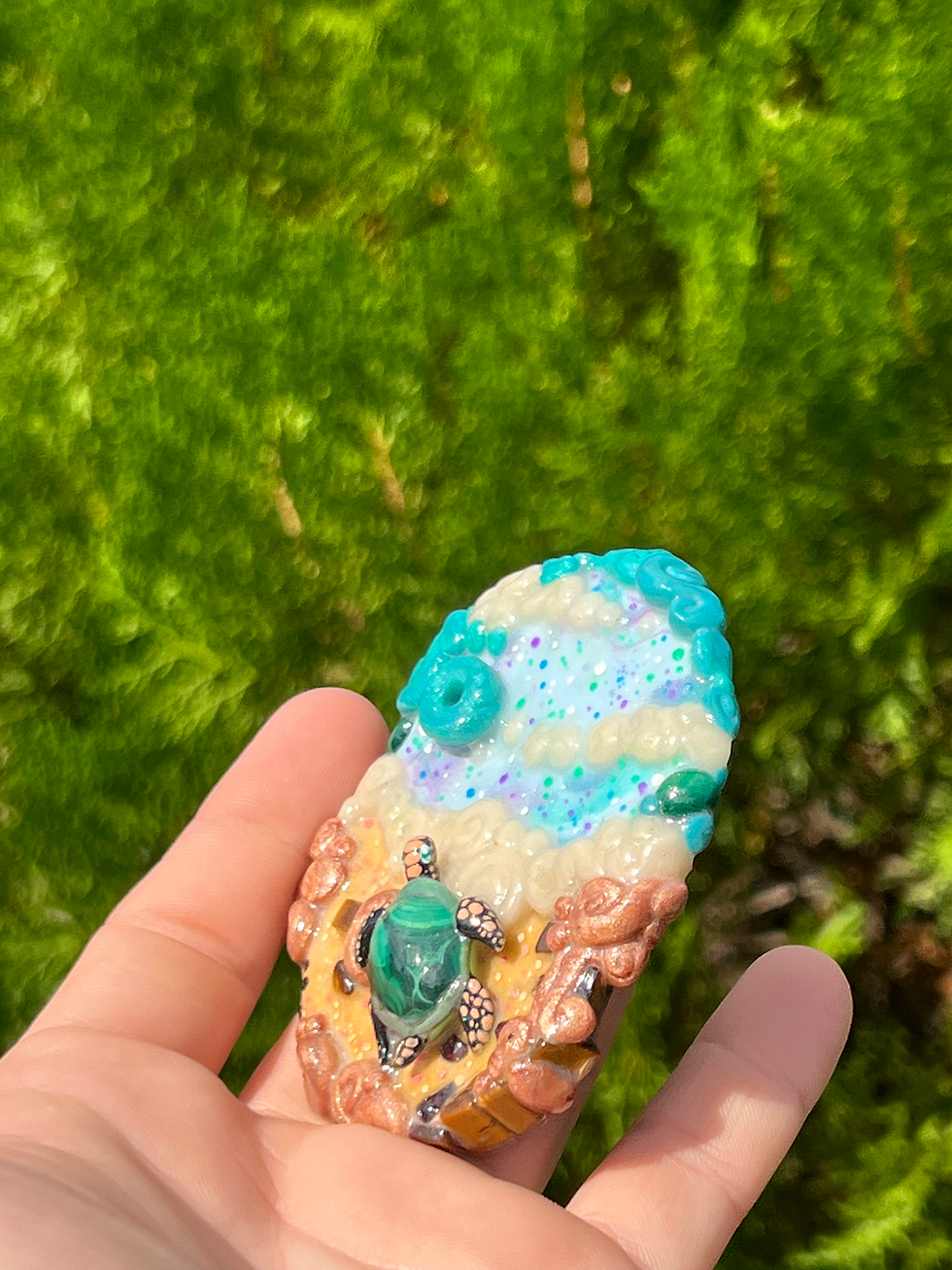 Thumbnail: Malachite Turtle Beach Polymer Clay Sculpted Incense Holder 
