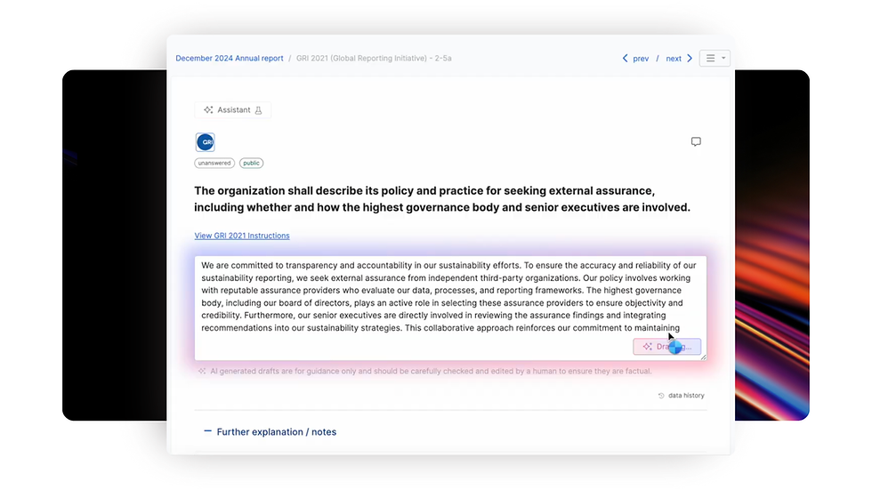 Text on a digital interface describes organizational policy on external assurance and governance. AI report answer metrics easy.