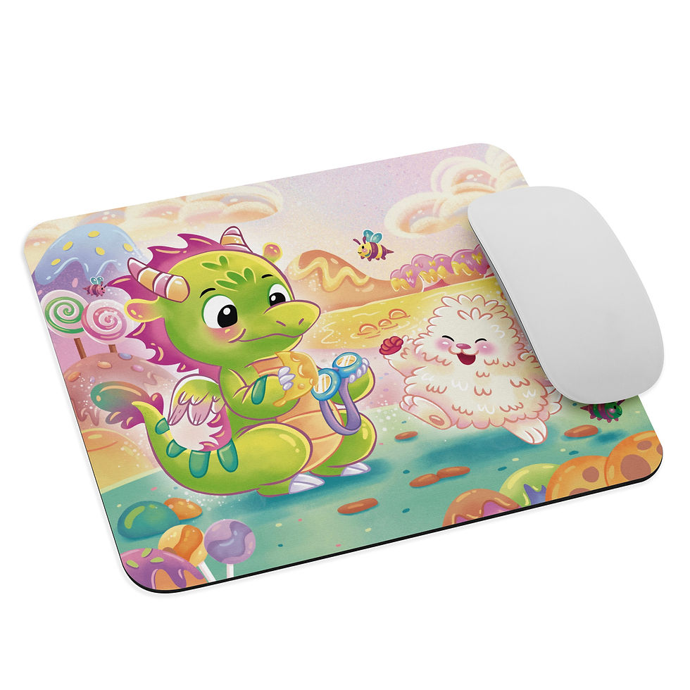 Lickitypop⢠mouse pad featuring Dibs the Dragon and Mooch together in the candy colored world of Lickitypop⢠with a mouse on