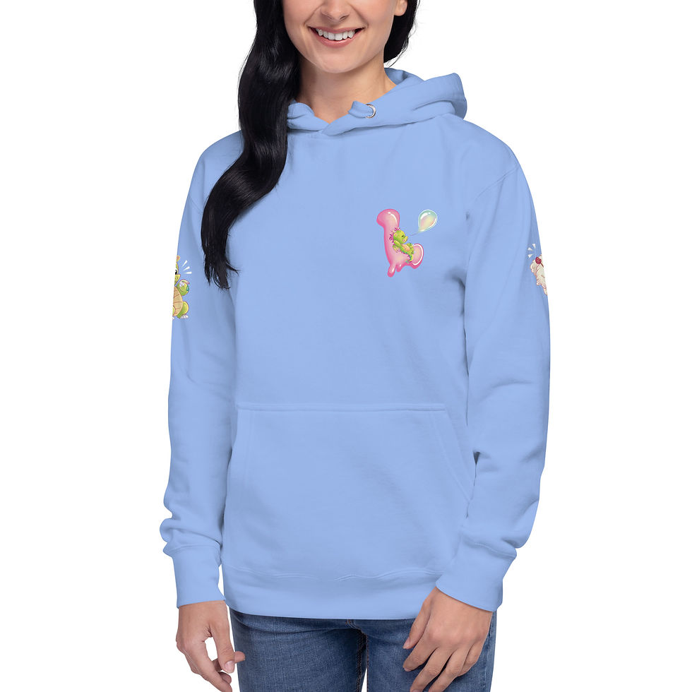 Thumbnail: Model wearing Lickitypop™ unisex hoodie in blue showing L logo on chest