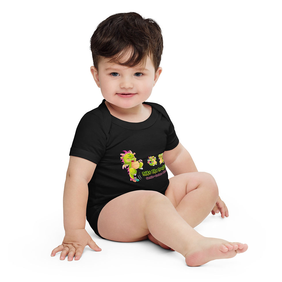 Baby wearing Lickitypop⢠onesie in black showing Dibs the Dragon in three poses on the front