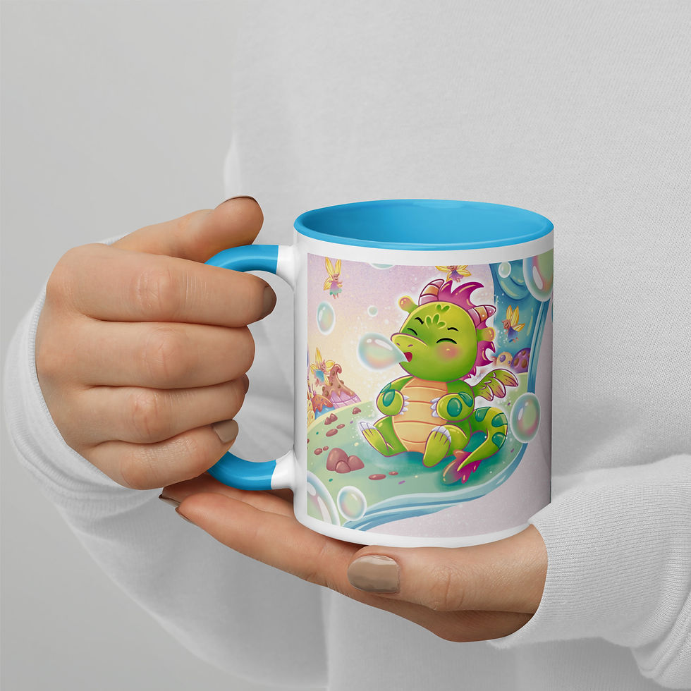 Model holding Lickitypop⢠11oz white ceramic mug with blue inside featuring Dibs the Dragon adventure scenes