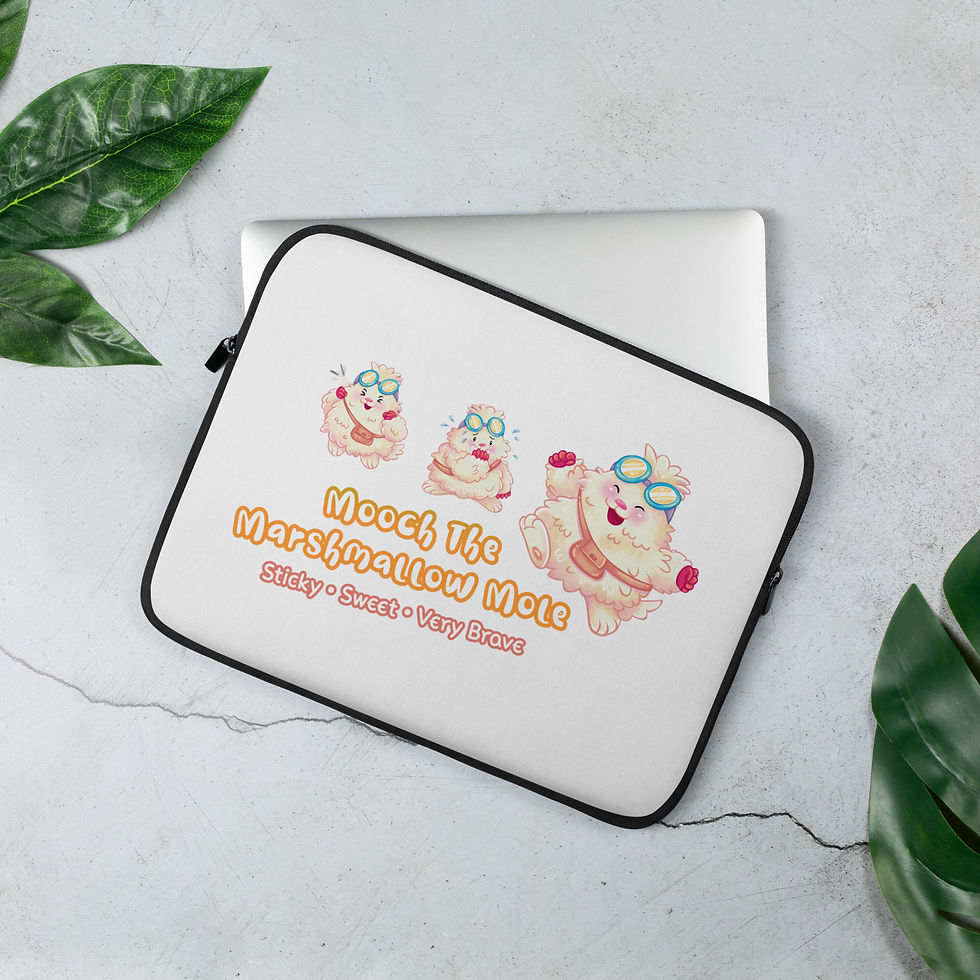 Lickitypop⢠Mooch the Marshmallow Mole laptop sleeve open showing padded interior and two zipper sliders