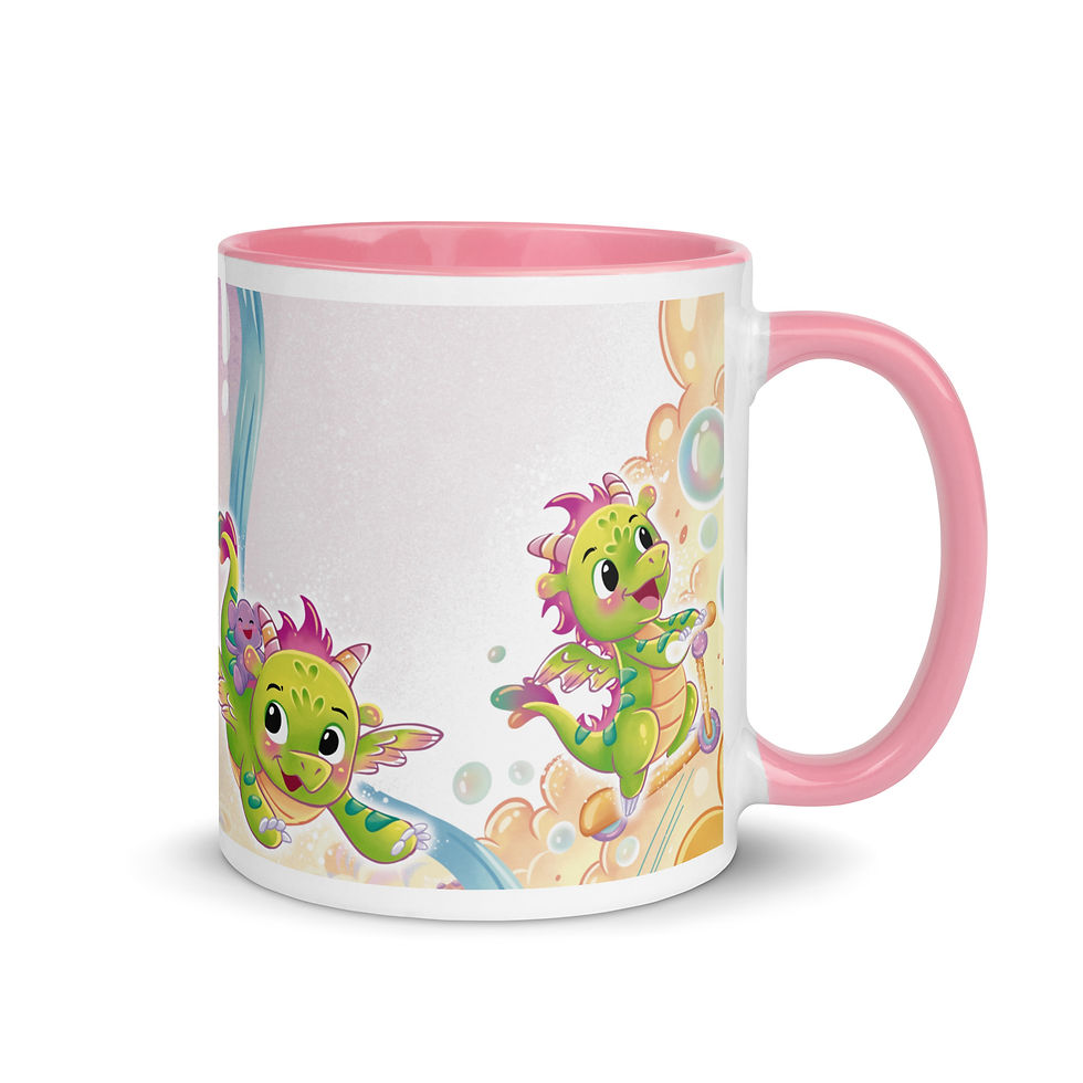 Thumbnail: Lickitypop™ 11oz white ceramic mug with pink inside showing Dibs the Dragon floating jellybeans scene