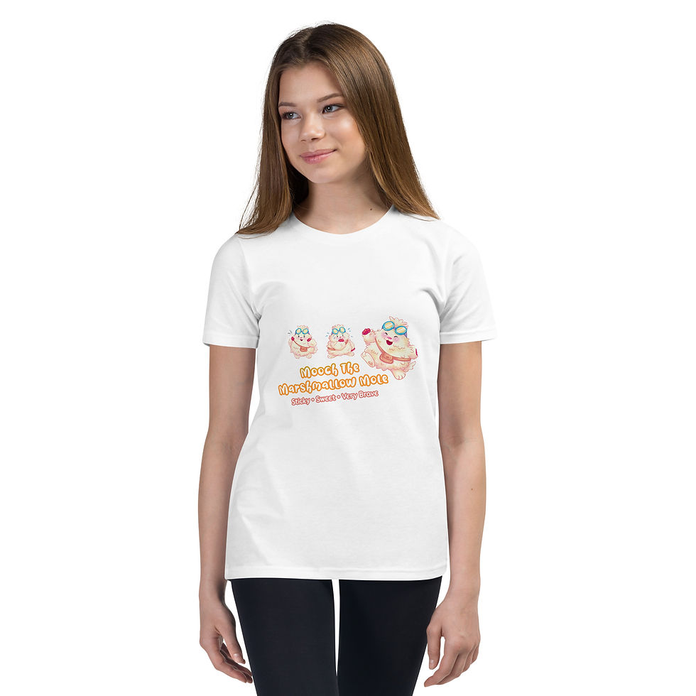 Child wearing Lickitypop⢠youth tee in white showing Mooch the Marshmallow Mole in three poses on the front