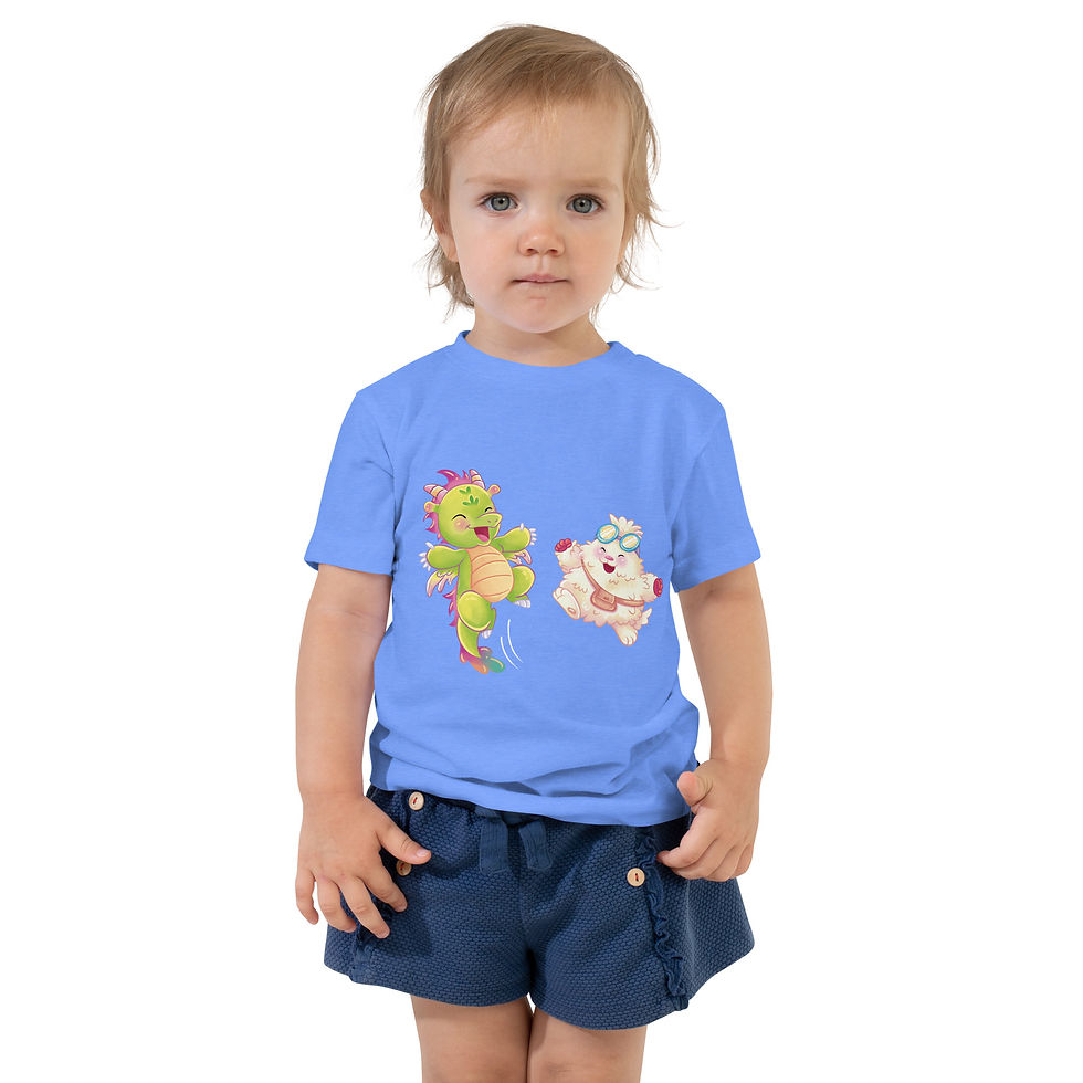 Thumbnail: Child wearing Lickitypop™ toddler tee in blue showing Dibs and Mooch print on front