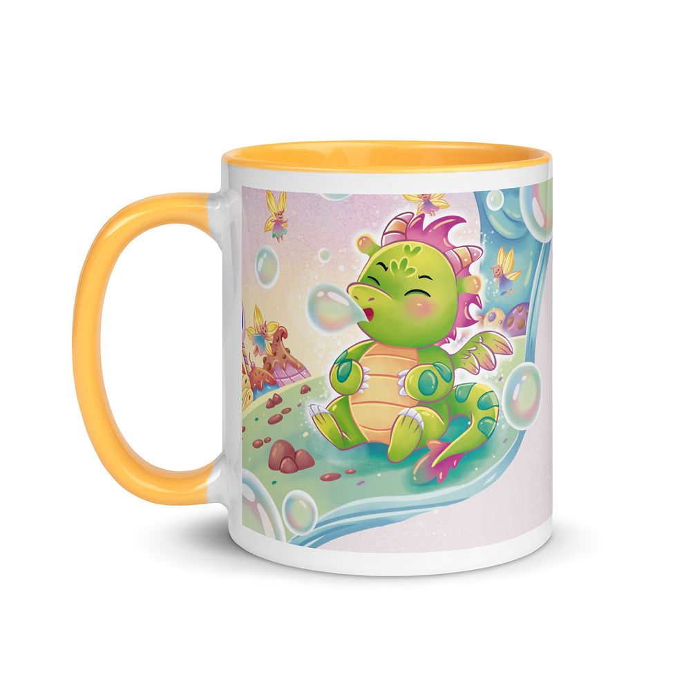 Thumbnail: Lickitypop™ 11oz white ceramic mug with yellow inside showing Dibs the Dragon blowing bubbles scene
