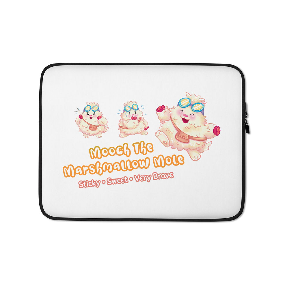 White Lickitypop⢠laptop sleeve featuring Mooch the Marshmallow Mole in three poses with the text Sticky Sweet and Very Brave