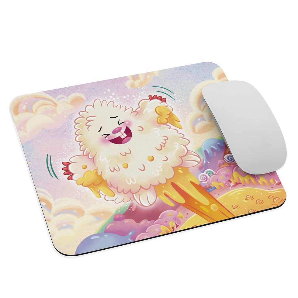 Lickitypop⢠mouse pad featuring Mooch the Marshmallow Mole stuck in the syrup in the candy colored world with a mouse on top