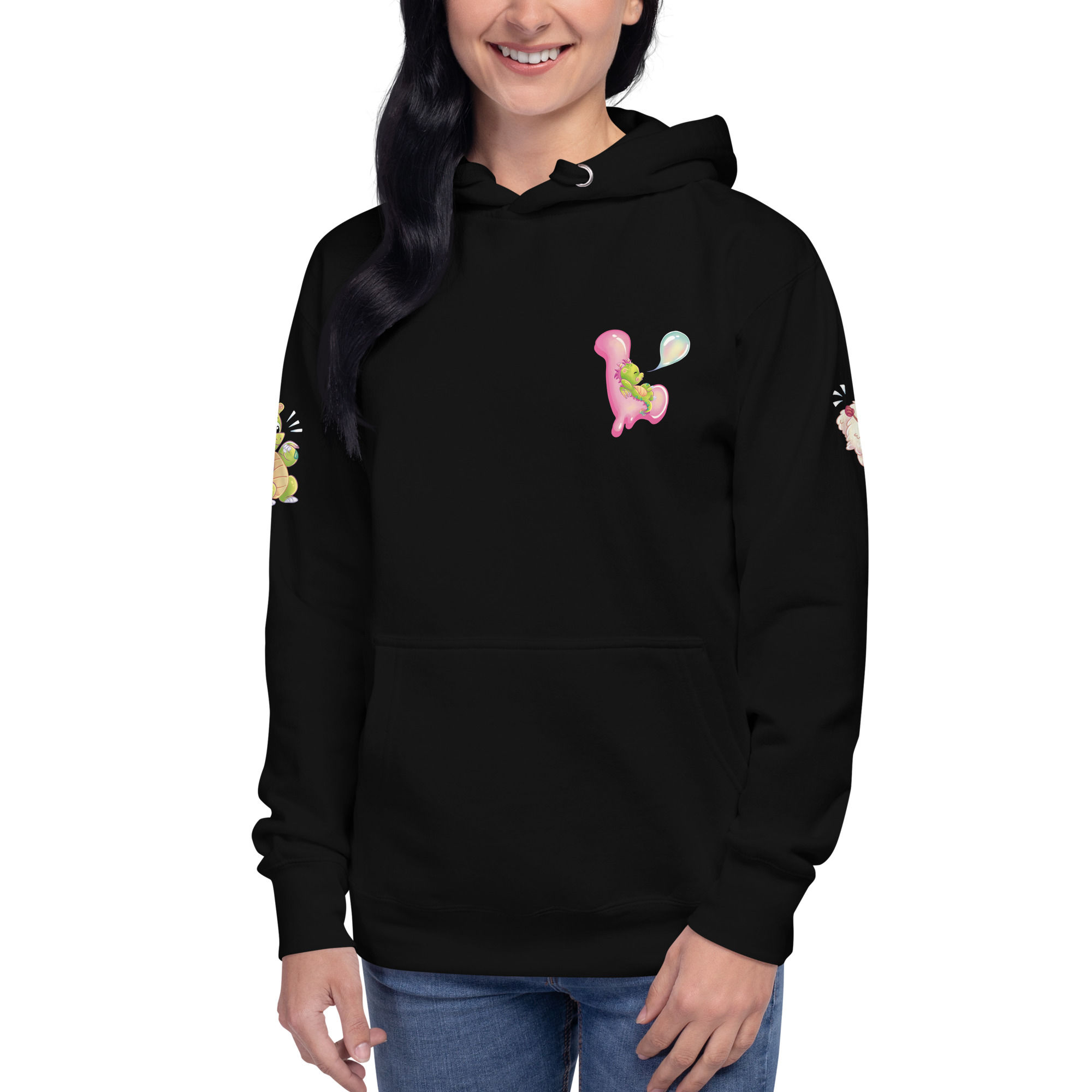 Model wearing Lickitypop™ unisex Black hoodie showing L logo on chest