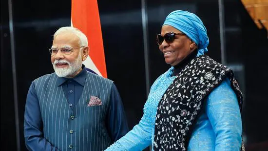 Prime Minister Narendra Modi and President of Namibia, Netumbo Nandi-Ndaitwah shake hands, as the latter receives the PM at the State House, in Windhoek on Wednesday. (DPR PMO/ANI) | Hindustan Times