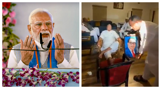 (Left to right) Prime Minister Narendra Modi at a rally in Siwan and a screenshot of the purported video showing a portrait of BR Ambedkar during Lalu Prasad Yadav's birthday celebration.(PTI and X/Pratyush Kanth) | Hindustan Times