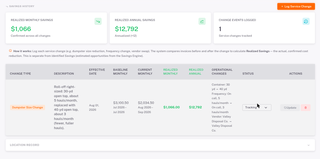 Savings History for a sample store showing realized monthly and annual savings after a container change
