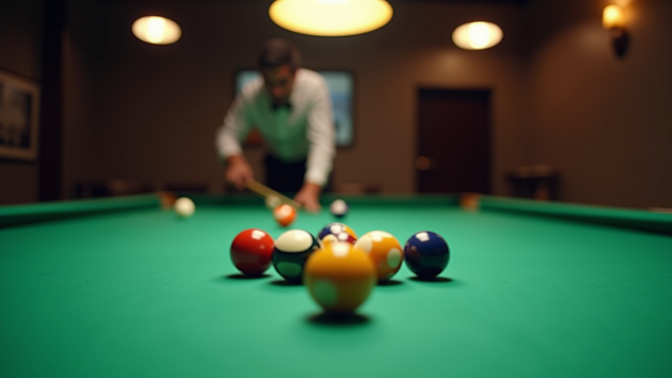 Eye-level view of snooker table with cue and balls arranged for a shot