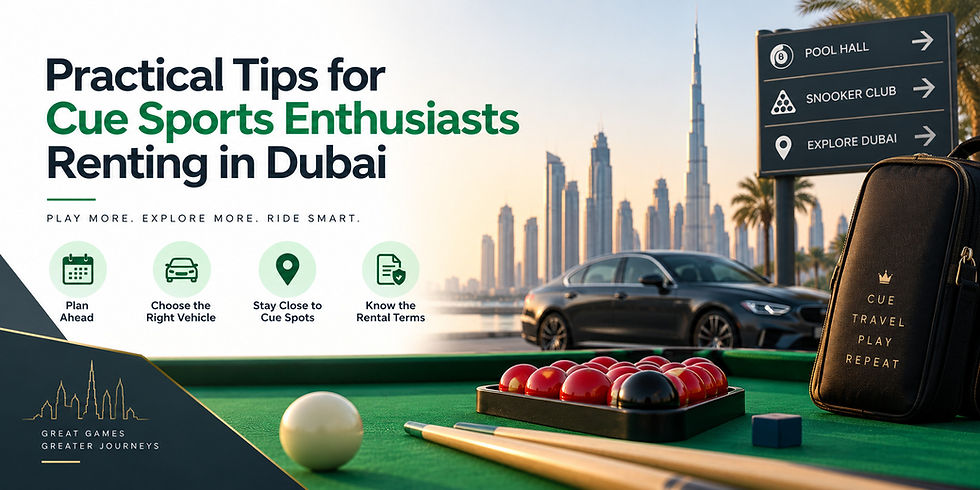 Promotional cue sports ad for Dubai with skyline, car, billiard balls, cues, and signs: Pool Hall, Snooker Club, Explore Dubai