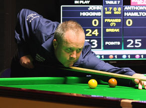 John higgins aiming a snooker shot