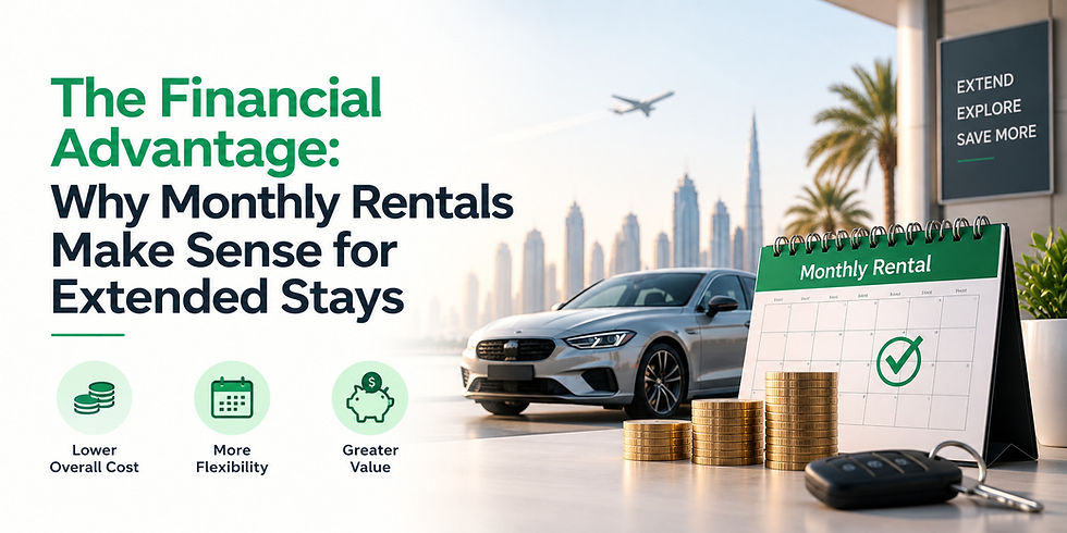 Promo graphic with car, rental calendar, stacked coins and key; headline about monthly rentals and extended stays, city skyline.