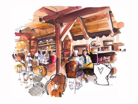 Aquarelle du restaurant La Luge à Val d’Isère, illustration artistique signée Sandra Roussy, scène intérieure montagne élégante, dessin et aquarelle contemporaine.