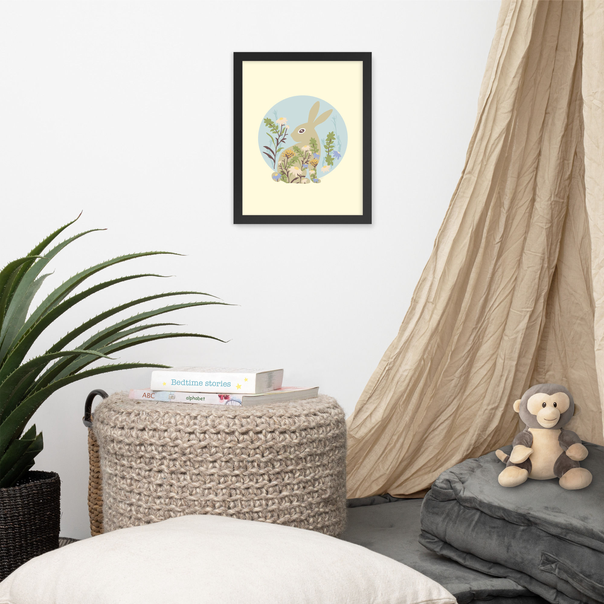 Framed Floral Moon Rabbit (B) in Light Blue