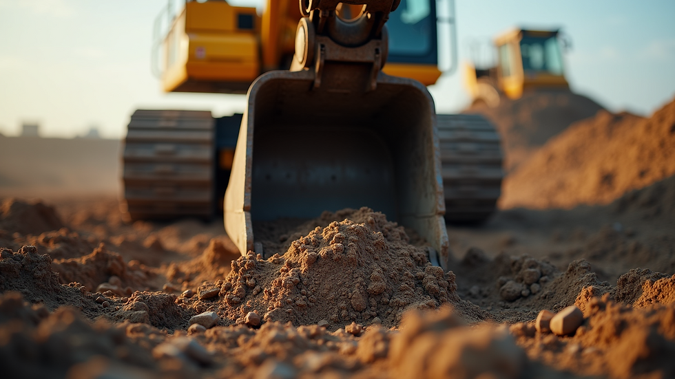 Close-up view of an excavator bucket digging into the ground
