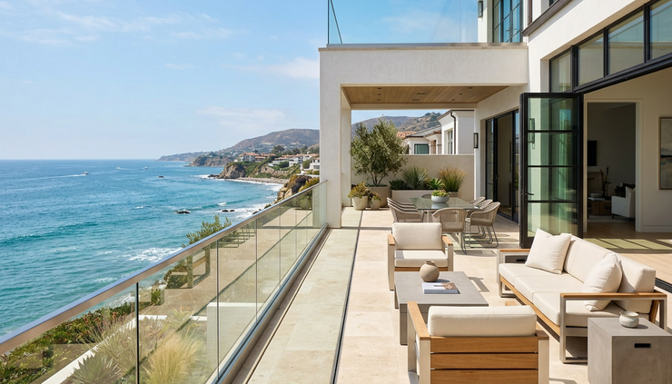 Wide-angle view of a modern balcony with frameless glass panels overlooking a coastal home exterior.