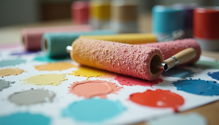 Close-up view of paint rollers and color samples on a table