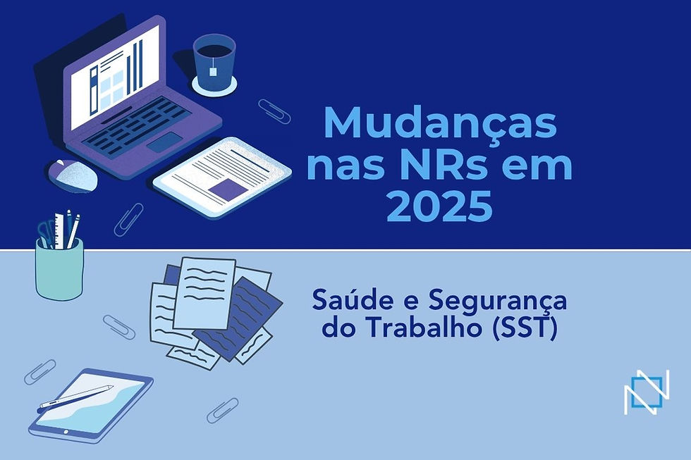 itens de escritórios notebook papéis tablet e título Mudanças nas NRs em 2025