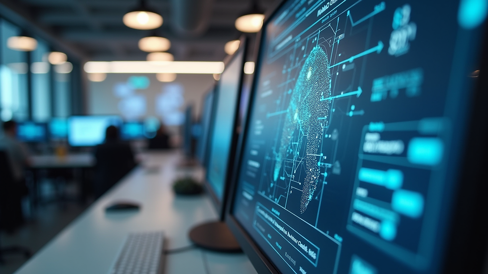 Eye-level view of a modern office with AI technology on computer screens