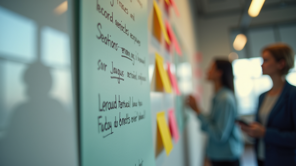 Close-up view of a brainstorming session with sticky notes on a wall