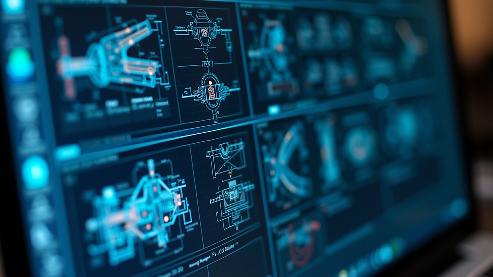 Close-up view of a computer screen displaying engineering software with technical schematics