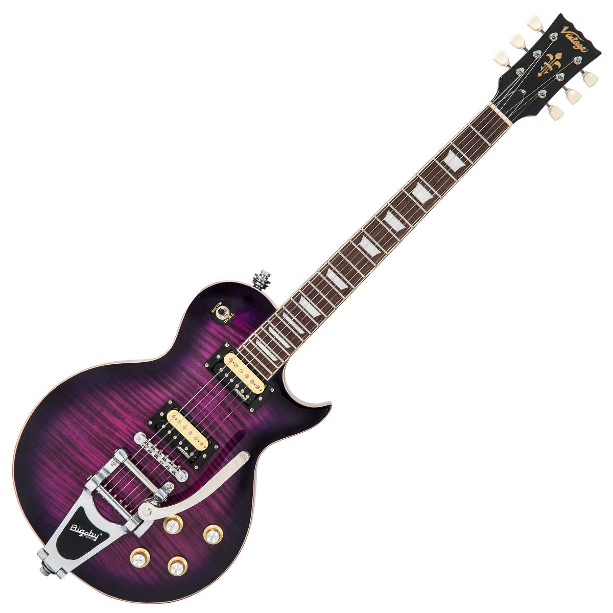 Vintage V100 ReIssued Electric Guitar with Bigsby Tremolo, Flamed Purpleburst