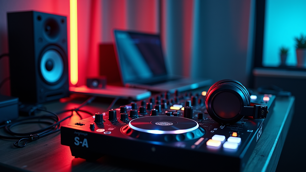 Eye-level view of DJ setup with laptop, controller, headphones, and speakers