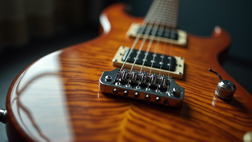 Close-up view of a custom electric guitar body with unique wood grain