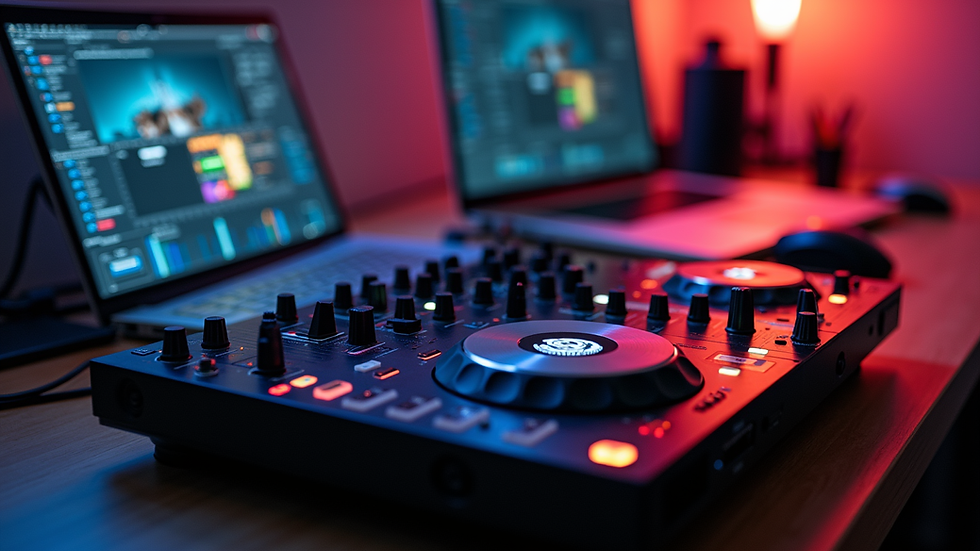 High angle view of DJ controller and laptop setup on a desk