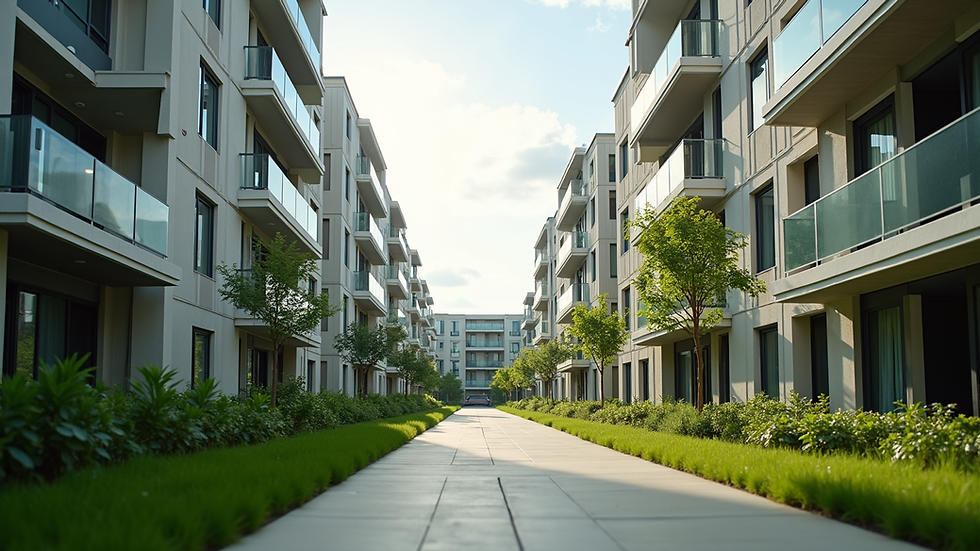 Eye-level view of a modern apartment complex with green landscaping