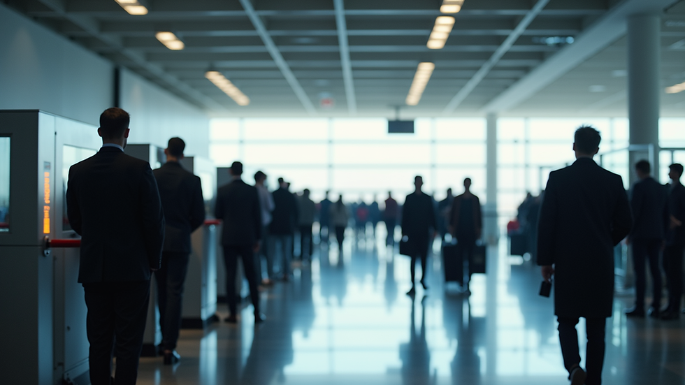 Eye-level view of airport security checkpoint with passengers in line