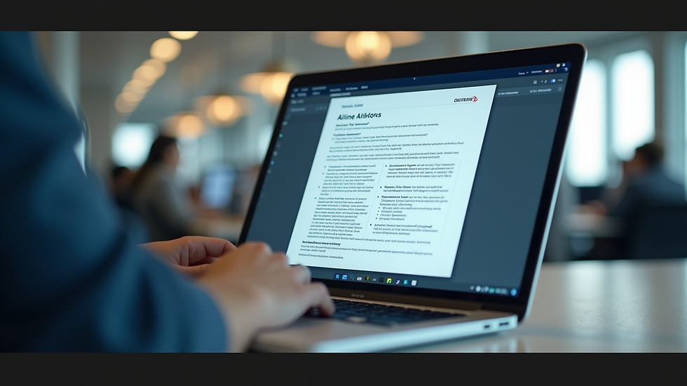 Eye-level view of a laptop screen showing airline policy documents