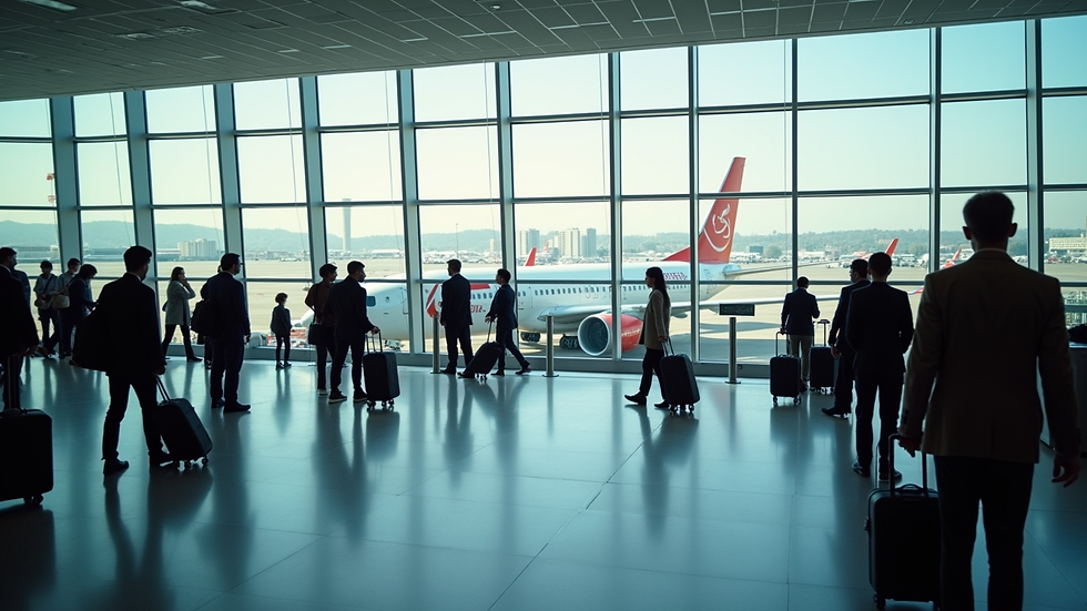 High angle view of airplane boarding gate with passengers waiting