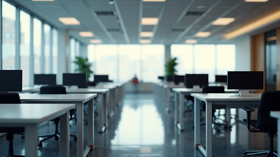 High angle view of a modern office space with desks and chairs arranged neatly