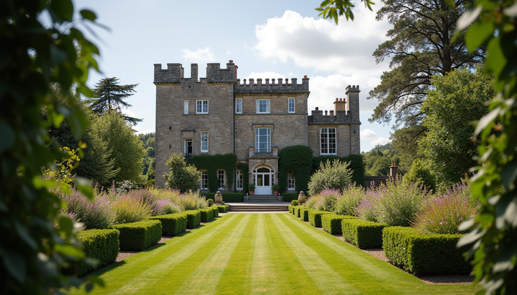 Eye-level view of the grand facade of Tregenna Castle with lush gardens in the foreground