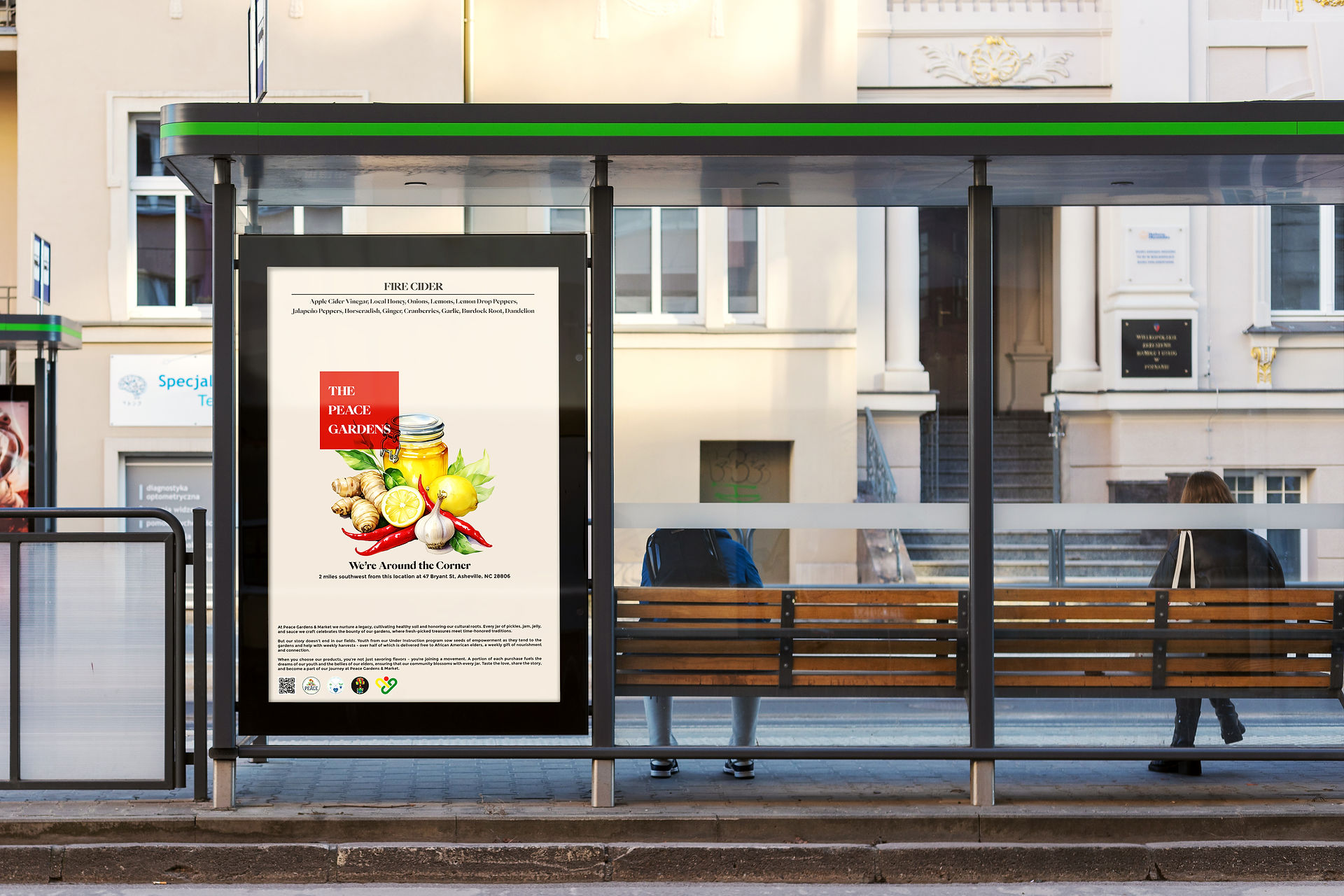 Poster design for PEACE Gardens showing one of their canned products. 