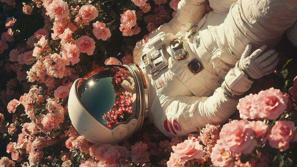 An astronaut lying in a bunch of flowers admiring the view