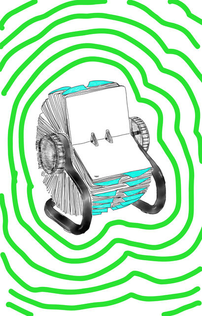 drawing of a file card organizer that flips the cards around a rotating axle